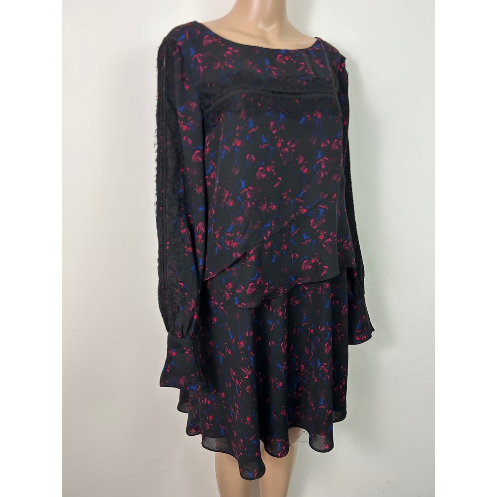 Thakoon Women Black Pink Blue Floral Lace Tiered Long Sleeve Mini Dress Size 10